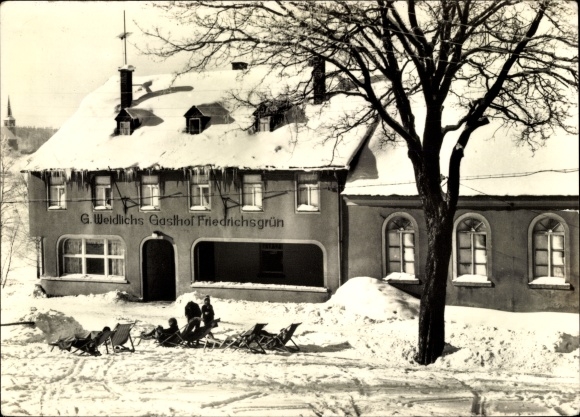 Postcard Hammerbrücke Muldenhammer im Vogtland, Weidlichs Gasthof, commission restaurant, winter