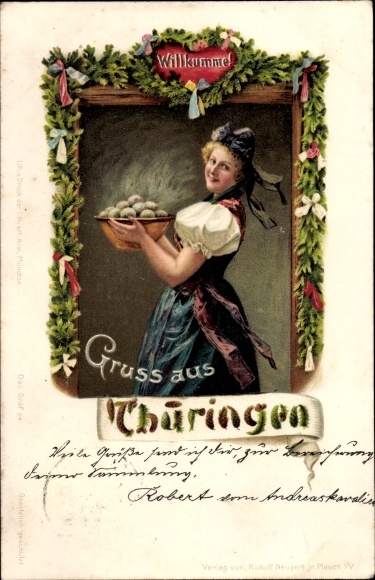 Postcard Greetings from Thuringia, Willkumme, woman with dumplings in costume