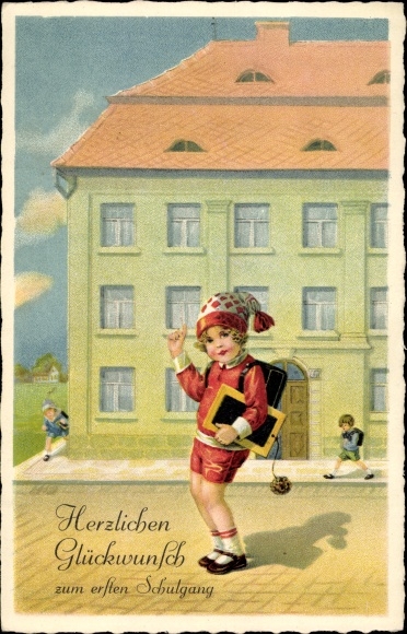 PC Congratulations on school enrolment, boy with school bag and blackboard
