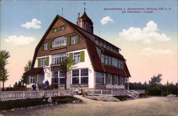 Postcard Eibenstock in the Ore Mountains of Saxony, summer resort and hiking home in Bielhaus