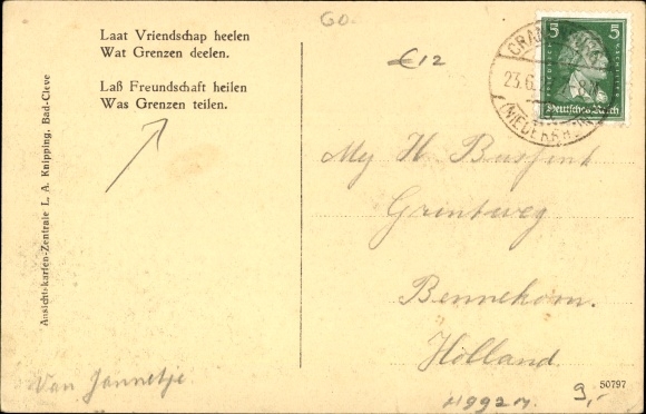 Postcard Kranenburg am Niederrhein, Vossenberg, Let friendship heal what borders divide