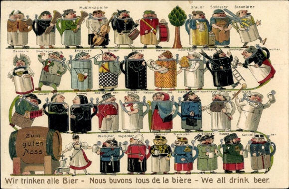 Chromo-Litho We all drink beer, people as beer mugs, professions, nationalities