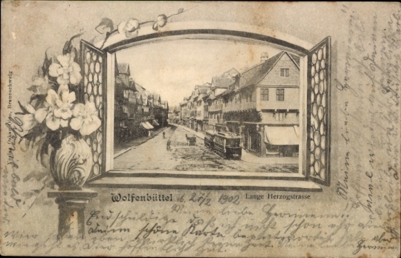 Passepartout Ak Wolfenbüttel in Niedersachsen, Lange Herzogstraße, Straßenbahn