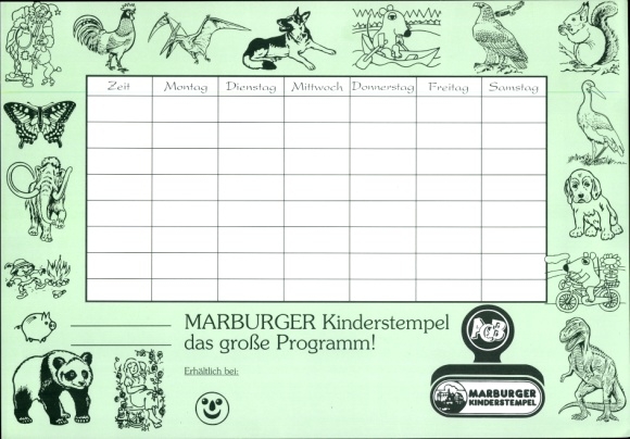 Timetable Marburg children&#39;s stamp, broadcast with the mouse, animals, dinosaurs around 1970