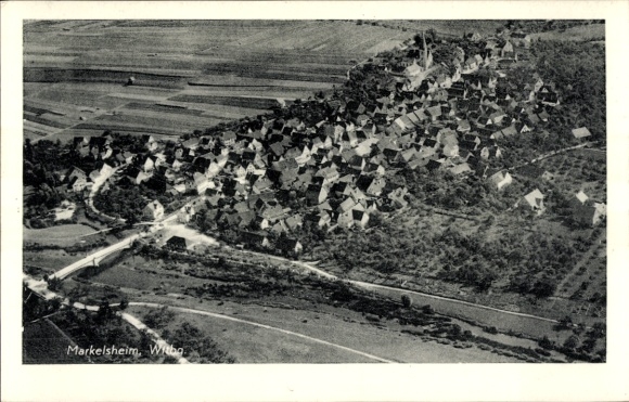 Postcard Markelsheim Bad Mergentheim in Tauberfranken, aerial photograph, small village, farmland, church