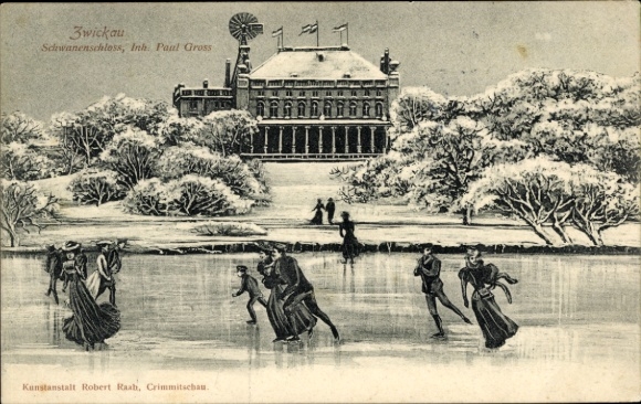 Postcard Zwickau in Saxony, Swan Castle in winter, ice skaters
