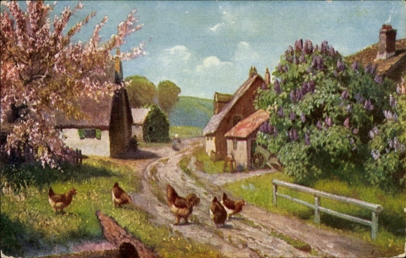 Postcard village party, chickens
