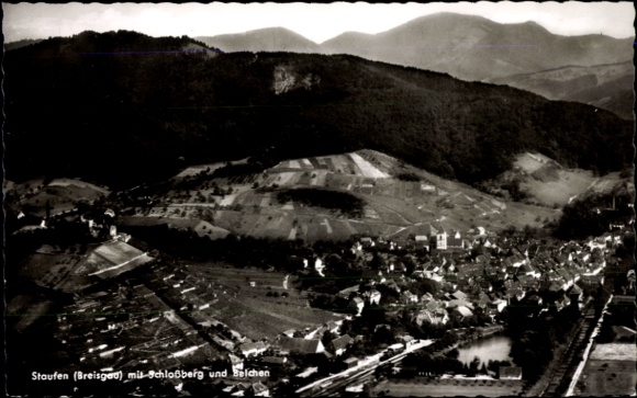Postcard Staufen im Breisgau, view of Staufen, Schlossberg, vineyards, river