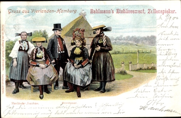 Chromo-Litho Hamburg Bergedorf Vierlanden, bridal couple in traditional costume, Bahlmanns Etablissement Zollenspieker