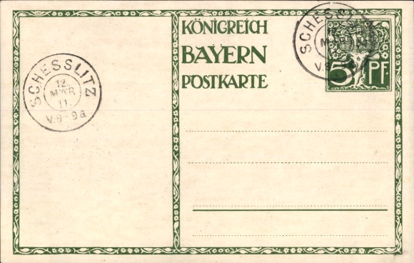 Postwaardestuk kunstenaarsbriefkaart Diez, M., prins-regent Luitpold van Beieren 1911, 5 Pfennig