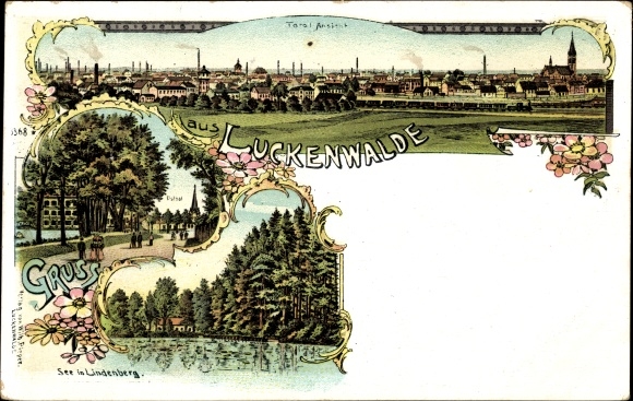 Chromo-Litho Luckenwalde in the Teltow Fläming district, total view, lake in Lindenberg, Elsthal