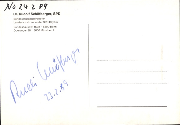 Handtekeningkaart politicus Dr. Rudolf Schöfberger, SPD, handtekening