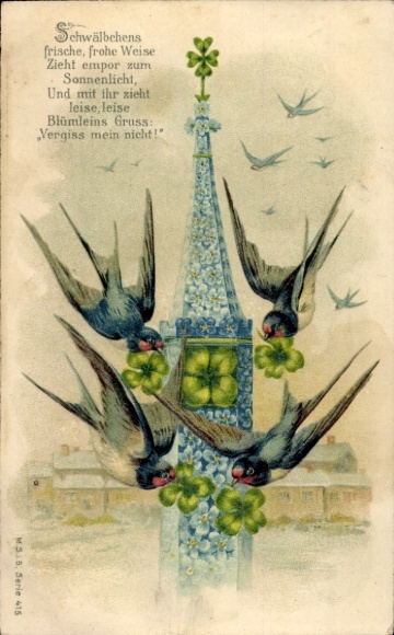 Poem Postcard Tits in flight, clover leaves, greetings