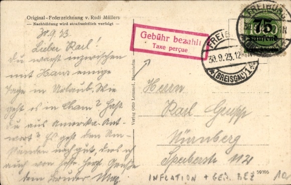 Briefmarke Inflation 1923, 1000 Mark, 75 Tausend Mark, Stempel Gebühr bezahlt