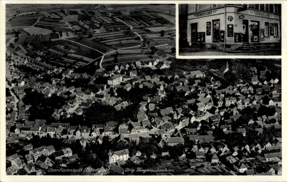 Postcard Ober Ramstadt in the Odenwald Hessen, aerial photograph, specialist drugstore Dorn