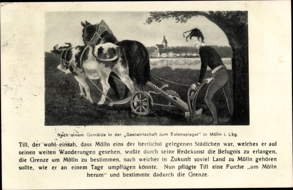Postcard Mölln, farmer, plow, cattle, paintings in the inn at Eulenspiegel