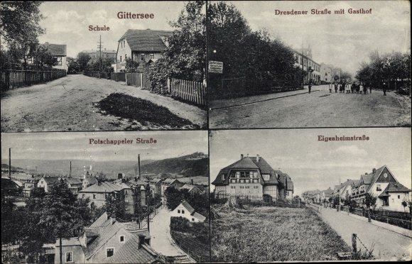 Postcard Dresden Süd Gittersee, school, Dresdener Strasse, inn, Potschappeler Strasse, Eigenheimstrasse