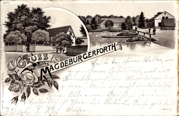 litho Magdeburgerforth Möckern in Jerichower Land, vijver, straatgebied in de stad