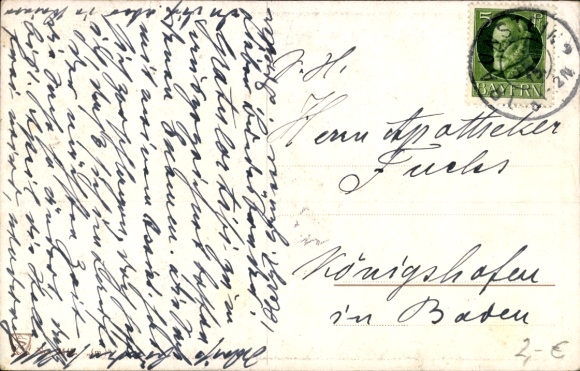 Postcard Traunstein in Upper Bavaria, A soldier stands in front of a rock face with a picture of the crucified Christ.