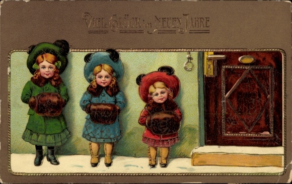 Litho Glückwunsch Neujahr, Drei Mädchen vor einer Tür