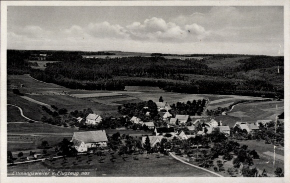 Postcard Ettmannsweiler Simmersfeld in the Black Forest, aerial view of rural surroundings, clouds