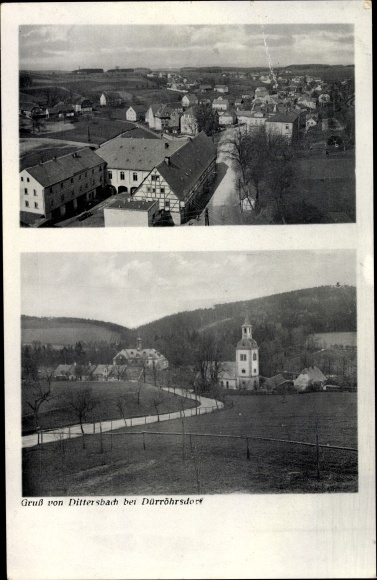 Postcard Dürrröhrsdorf Dittersbach in Saxony, panorama, church