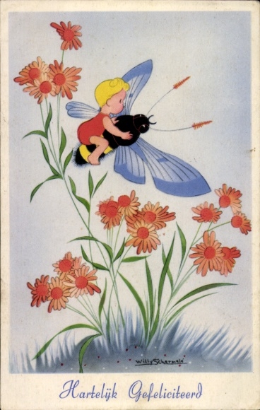 Artist Postcard Schermele, Willy, child flying on a bumblebee, flowers