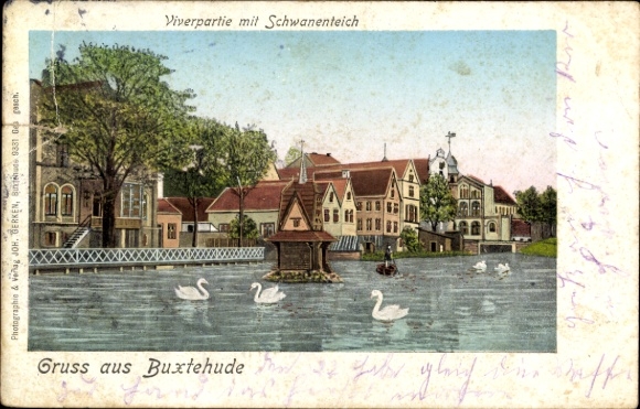Golden Windows Illuminated Window Postcard Buxtehude in Lower Saxony, Viver, Schwanenteich