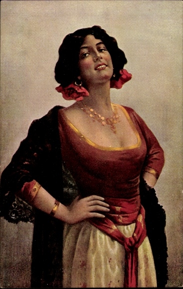Künstler Ak Lingner, Carmen, Standportrait von einer dunkelhaarigen Frau, Zigeunerin