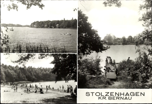 Postcard Stolzenhagen, Angermünde district, Three pictures of a lake, beach, boating activities, STOLZENHAG