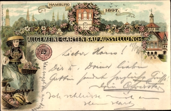 Chromo-Litho Hamburg, general horticultural exhibition 1897, Vierländerin with flowers and fruits