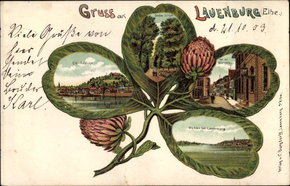 Clover Leaf Chromo-Litho Lauenburg an der Elbe, town views