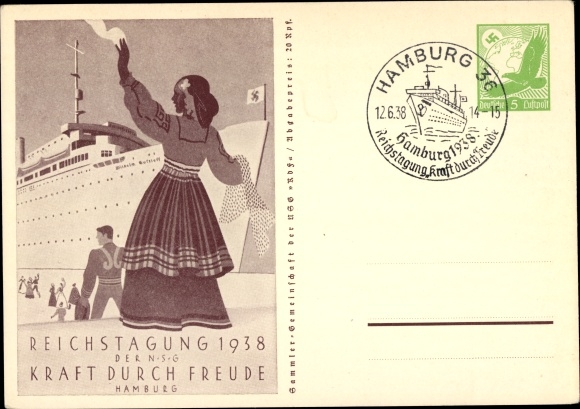 Postal stationery PC Hamburg, Reichstag meeting of the NSG KdF 1938, steamer Wilhelm Gustloff
