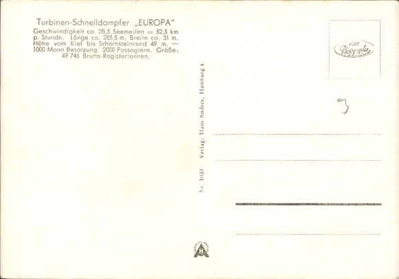 Postcard Turbinenschnelldampfer Europa, Norddeutscher Lloyd Bremen