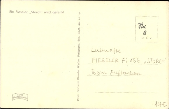 Postcard German Air Force, fighter aircraft Fieseler Fi 156 Storch is refueled
