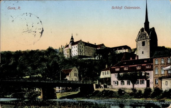 Ak Untermhaus Gera in Thüringen, kasteel Osterstein, brug, kerk