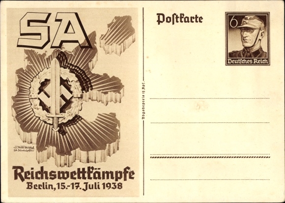 Postal stationery artist PC Axster Heudtlass, SA Reich competitions Berlin 1938