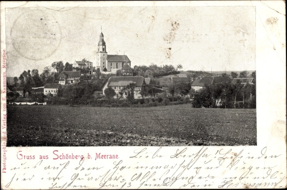 Postcard Schönberg in Sachsen, church, panorama from the place