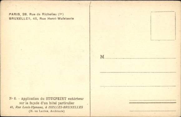 Postcard Ixelles Elsene Bruxelles Bruessel Belgien, Hotel 41 Rue Louis Hymans, Application du Stucpeint