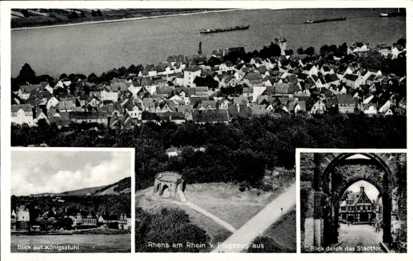 KP Rhens am Rhein, widok z lotu ptaka na Rhens, widok na Königsstuhl, bramę miejską