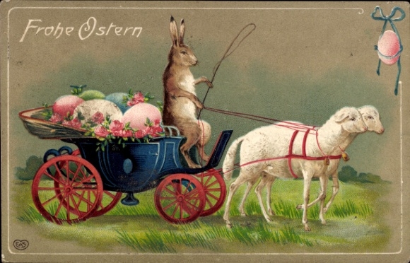 Präge Litho Glückwunsch Ostern, Osterhase, Lamm-Kutsche, Ostereier