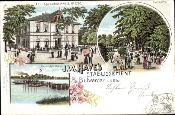 litho Hamburg Bergedorf Billwärder, JW Vestiging, park, stoombootstation