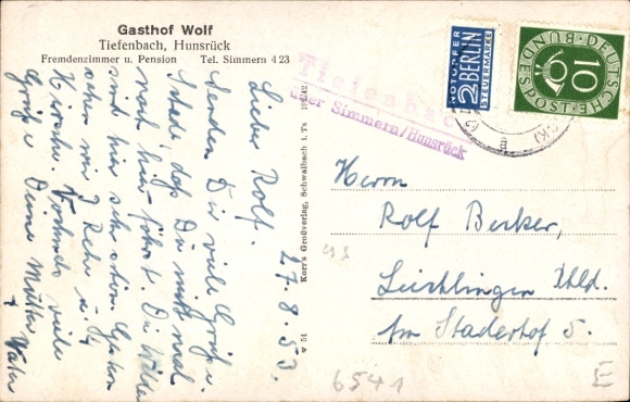 Postcard Tiefenbach im Hunsrück, total view, Gasthof Wolf