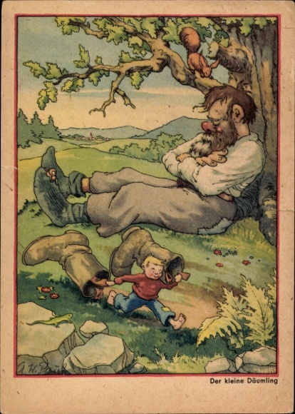 Artist Postcard Little Thumb, Sleeping, Shoes, Fairy Tale, Squirrel