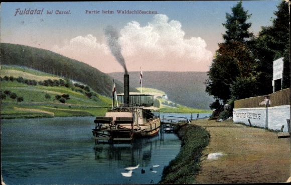 Postcard Fuldatal Hessen, paddle steamer at the pier at Waldschlösschen