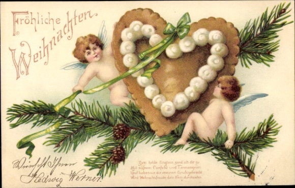 Embos litho gefeliciteerd Kerstmis, engelen, dennentakken, peperkoek