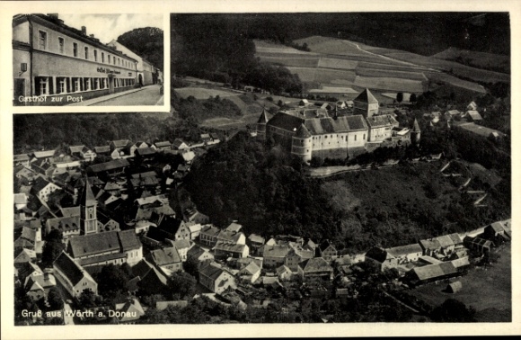Ak Wörth an der Donau Oberpfalz Bayern, Luftbild von  Gasthof zur Post, Burgansicht, ländliche Um