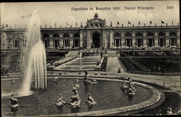 Wystawa światowa Picture World Exhibition Bruksela 1910, fasada główna, fontanna
