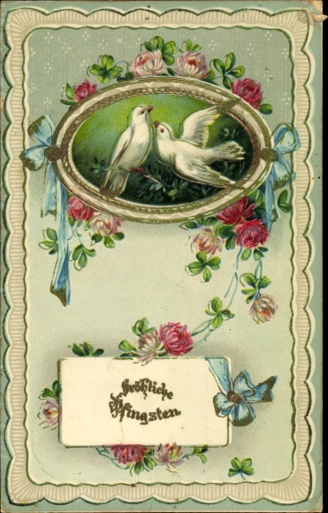 Embossed PC congratulations Pentecost, doves, ribbons, lucky clover