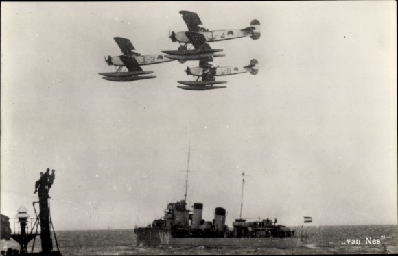 Photo Postcard seaplanes, Dutch warship Hr.Ms. Van Nes